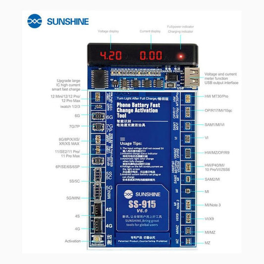 SUNSHINE SS-915 universal battery charge activation board with labelled connectors