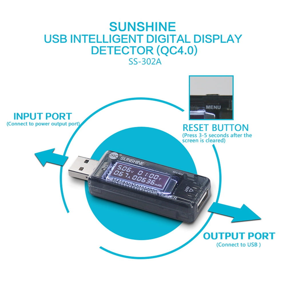 SUNSHINE SS-302A USB Intelligent Digital Display Detector (QC4.0)