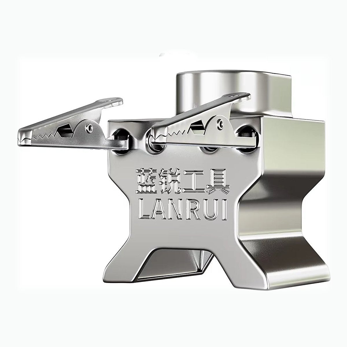 Close-up of the LANRUI B17 adjustable clamp jaws gripping a small circuit board