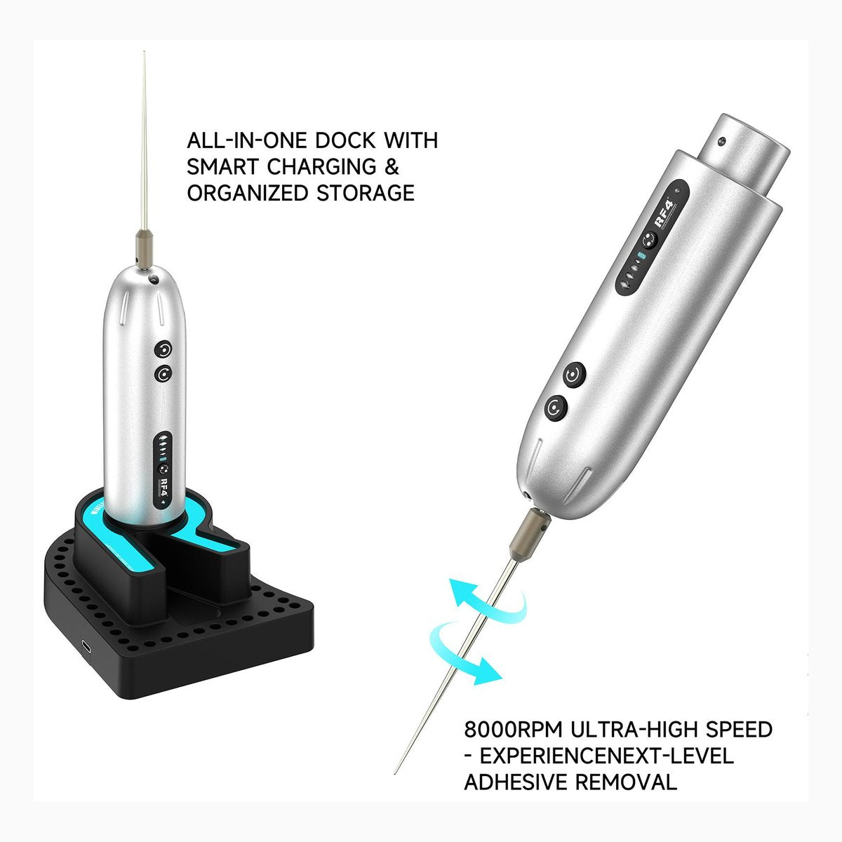 RF4 GR3S glue remover shown in its all-in-one dock with smart charging