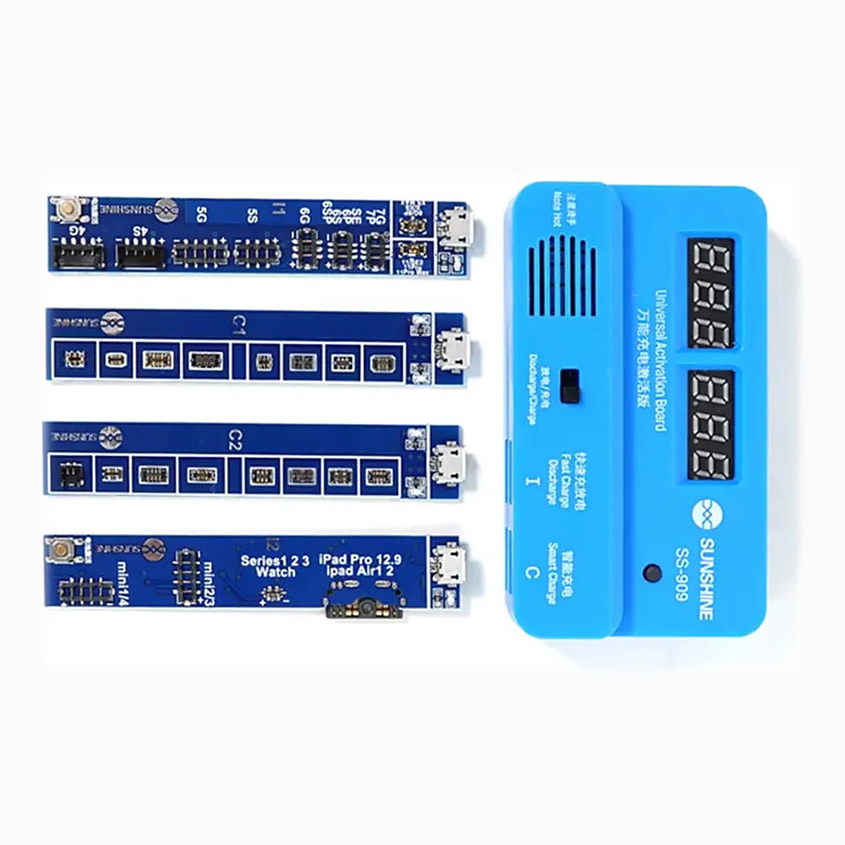 SUNSHINE SS-909 battery activation board shown with its connector set