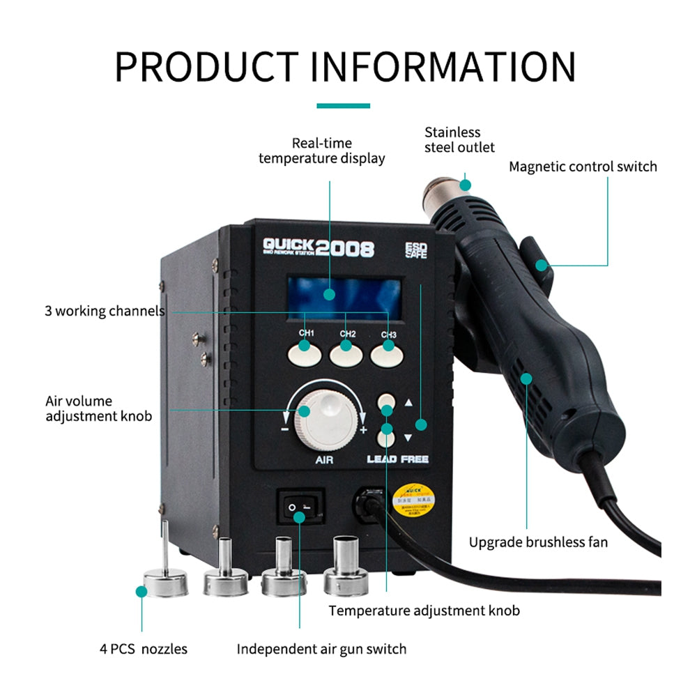 QUICK 2008 ESD Digital Display Heat Gun Welding Rework Soldering Station (Spiral Wind)