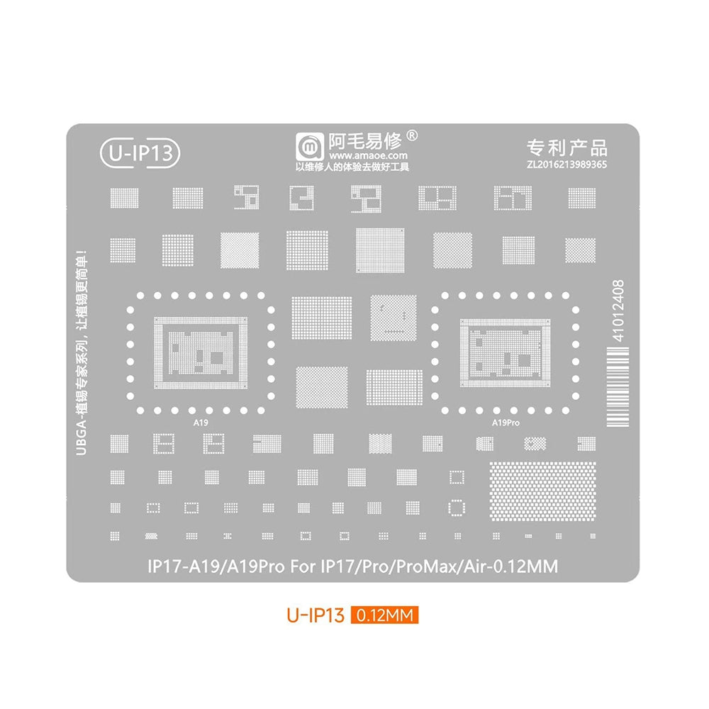 AMAOE BGA Reballing Stencil With CPU Position A19 / A19 Pro for iPhone 17 / 17 Pro / 17 Air / 17 Pro Max