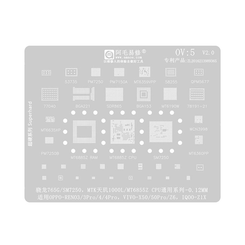 AMAOE BGA Reballing Stencil With CPU Position OV5 for OPPO Reno3 / 3 Pro / 4 / 4 Pro / VIVO X50 / X50 Pro / Z6 IQ00-Z1X