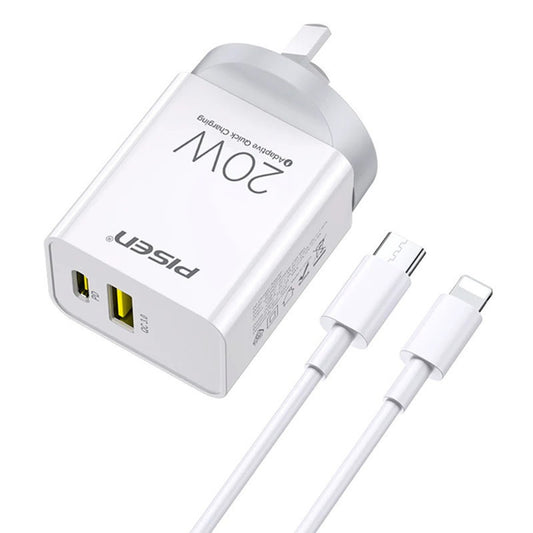 PISEN 20W USB A + TYPE C Fast Wall Charger (With Lightning Cable 1m)
